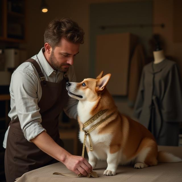 Tailor measuring a corgi for a custom jacket