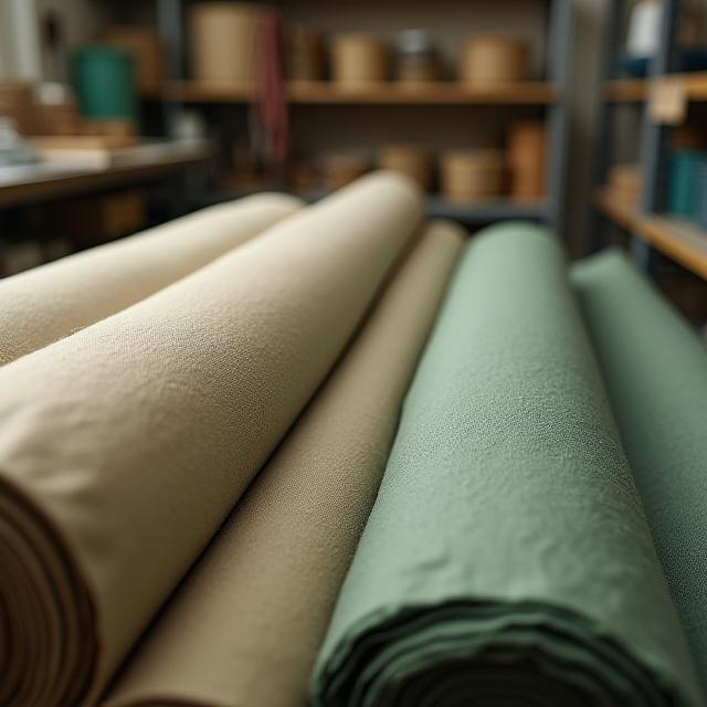 Close-up of recycled fabric rolls in the Vancouver workshop