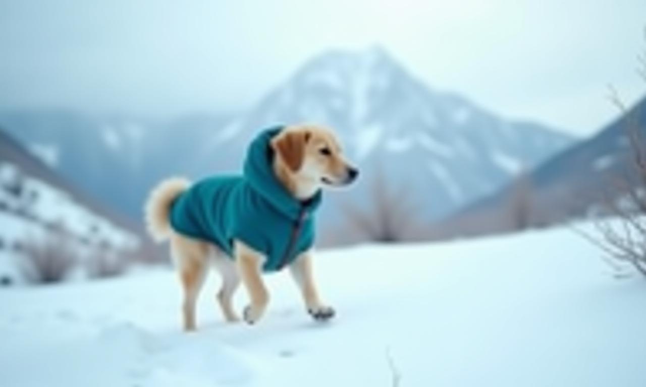 Dog wearing a teal winter coat on a snowy mountain trail