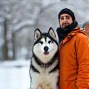 Raj and husky in snowy park